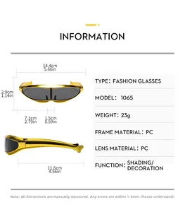 Detailed size chart of futuristic golden PC sunglasses with 14.4cm frame and 23g weight