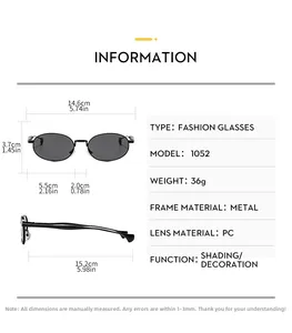 Size specifications for oval metal sunglasses with PC lenses and dimensions in cm/in