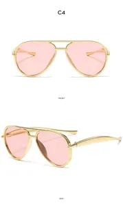 Front and side views of classic metal pilot sunglasses for kids with pink lenses
