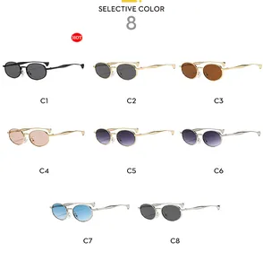 Macro display of oval retro sunglasses in 8 different lens and metal frame color options