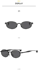 Front and 45 degree side view of vintage oval sunglasses with black metal frames