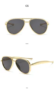 Front and side macro views of classic double-bridge pilot sunglasses with gold metal frame