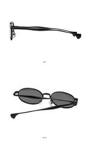Side and back view of oval black sunglasses with matte frame and adjustable nose pads