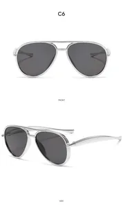 Front and side views of kids pilot sunglasses with silver metal frame and gray lenses