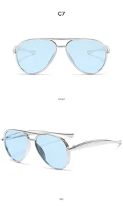 Front and side views of silver aviator sunglasses for kids with light blue lenses