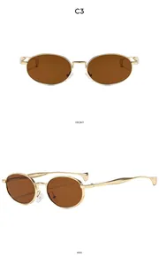 Detailed front and side views of gold oval metal frame sunglasses with brown lenses