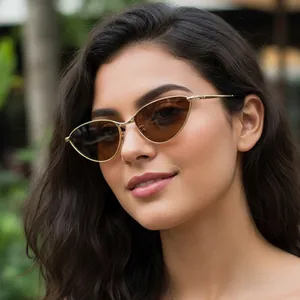Lunettes de soleil œil de chat ovales rétro monture métal doré verres marron femme