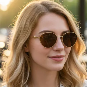 Retro metal oval sunglasses with gold frames and dark brown lenses for outdoor parties
