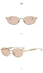 Detailed front and side views of oval retro sunglasses with gold metal frame and pink lenses