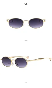 Detailed front and side views of oval metal sunglasses with purple gradient lenses