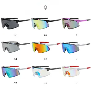 Collection of nine colorful cycling sunglasses with various mirror lenses and sports frames
