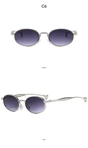 Front and side view of oval silver metal sunglasses with purple gradient lenses
