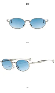 Detailed front and side views of oval sunglasses with silver metal frame and blue gradient lenses