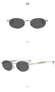 Front and side views of silver oval metal frame sunglasses with dark gray lenses