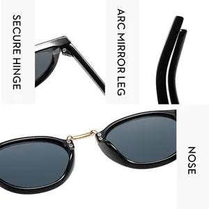 Detail shots of secure hinges and curved legs on black and gold Y2K cat eye sunglasses