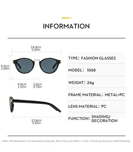 Size chart for Y2K cat eye sunglasses showing frame width, lens size and metal PC materials
