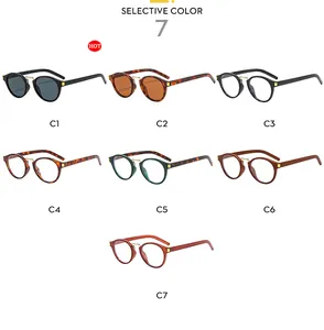 Matrix of retro cat eye sunglasses in seven colors with metal bridge and plastic frames