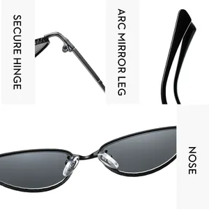 Détails de lunettes ovales montrant charnières, branches et plaquettes de nez en silicone