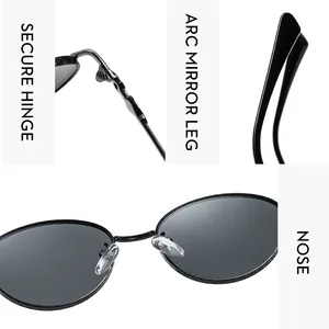 Detail view showing secure metal hinges and anti-slip nose pads on oval sunglasses