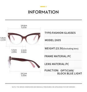 Detailed size chart for cat eye glasses with precise frame dimensions and specifications