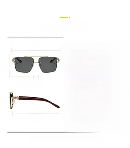Detailed size specifications and dimensions for classic square frame sunglasses with wood temples