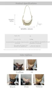 Detailed view of half-moon pleated PU bag showing size 22x10x9cm and pearl chain strap