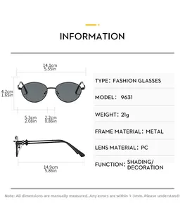 Detailed dimension guide for vintage metal oval sunglasses with frame and lens measurements