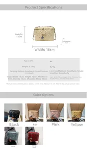 Detailed size chart and specifications for the quilted chain crossbody bag with PU material