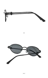 Detailed side and back view of retro oval sunglasses with wavy metal temple design