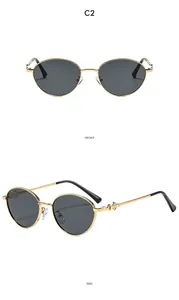 Dual view of retro oval sunglasses showing front and side metal frames with dark lenses