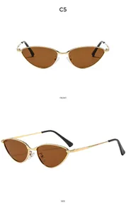 Vues avant et latérale de lunettes de soleil œil-de-chat dorées avec strass et verres bruns