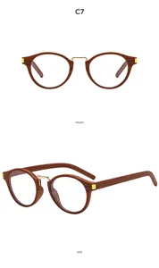 Front and side views of vintage cat eye sunglasses with red-brown wood grain finish