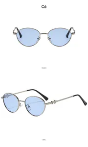 Front and side view of oval vintage sunglasses with silver metal frames and blue lenses