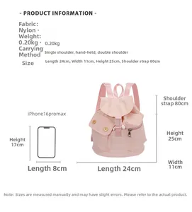 Detailed size guide for the pink nylon backpack with dimensions and phone comparison