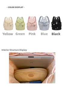Detail view of colorful flap canvas backpack showing inner storage for iPad and gadgets
