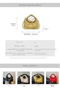 Detailed size chart for the PU leather handbag showing width, height, and four color options