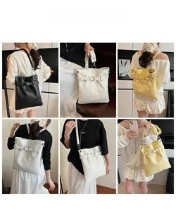 Collage of model showcasing versatile pleated bucket bag in white, black and yellow colors