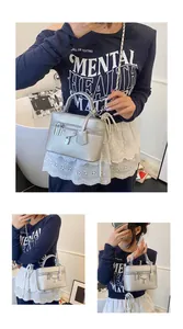Silver lychee pattern box bag with chain strap shown in three-way model carrying views