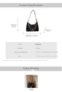 Detailed size chart for black fabric tote bag with brown straps and metal chain