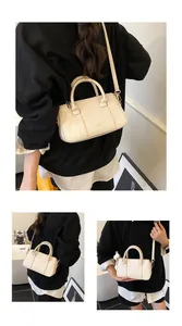 Off-white lychee leather Boston bag shown in multiple carrying styles for daily commuting