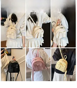 Collage of mini bow backpacks in white black pink and yellow shown from various angles