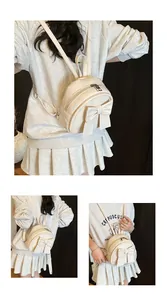 Multiple views of a cream PU leather mini backpack featuring a stylish bow decoration