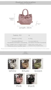 Detailed size specifications and color options for the ruched cloud handbag design
