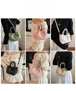 Collage of chic pleated bucket bags in pastel colors showing various carrying styles
