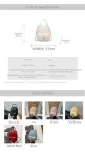 Detailed view of quilted PU mini backpack with rhinestone decor and specific dimensions