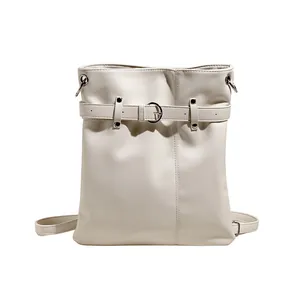 Minimalist white pleated drawstring backpack with silver ring detail and large capacity