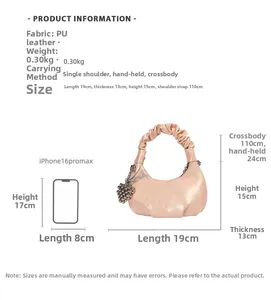 Detailed size chart for the pleated dumpling bag showing dimensions and crossbody strap length