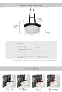Detailed dimension guide and color options for the stylish PU leather bucket tote bag