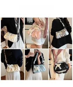 Collage détaillé de sacs à bandoulière plissés en six couleurs macaron avec nœud perlé