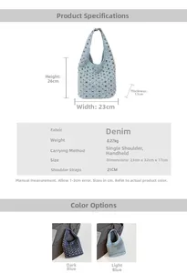 Detail view of denim bucket bag with silver studs in light blue and dark blue wash
